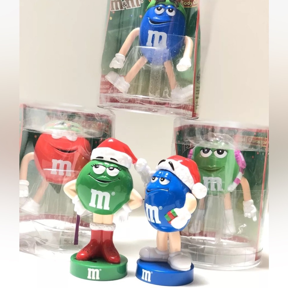 VTG LOT OF 5: M&M Christmas 2004 Holiday Bendable Body Characters & Bubble Head